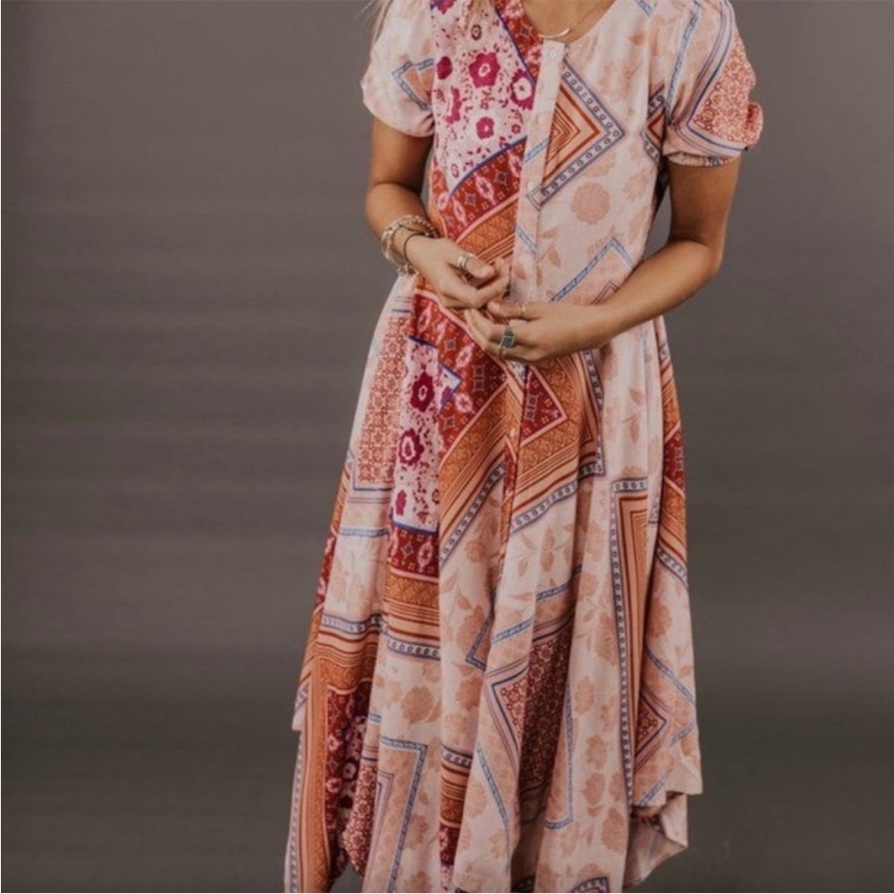 ROOLEE Mia Louise Patchwork Detail Dress pink orange asymmetric hem button front